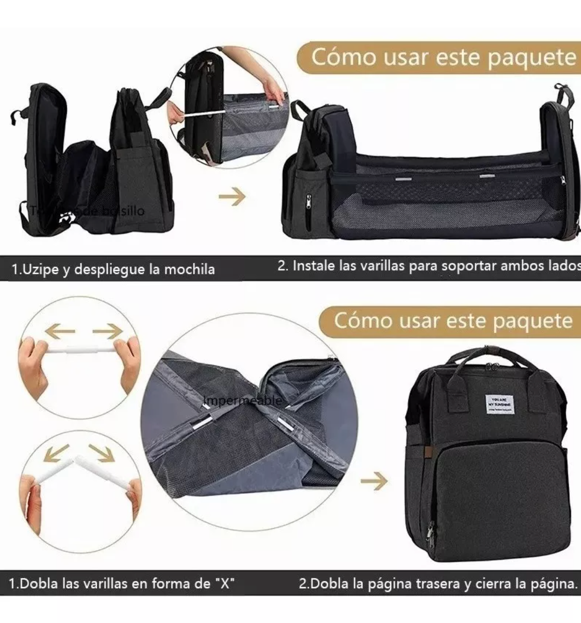 Mochila Pañalera 3 en 1 USB Color Negro